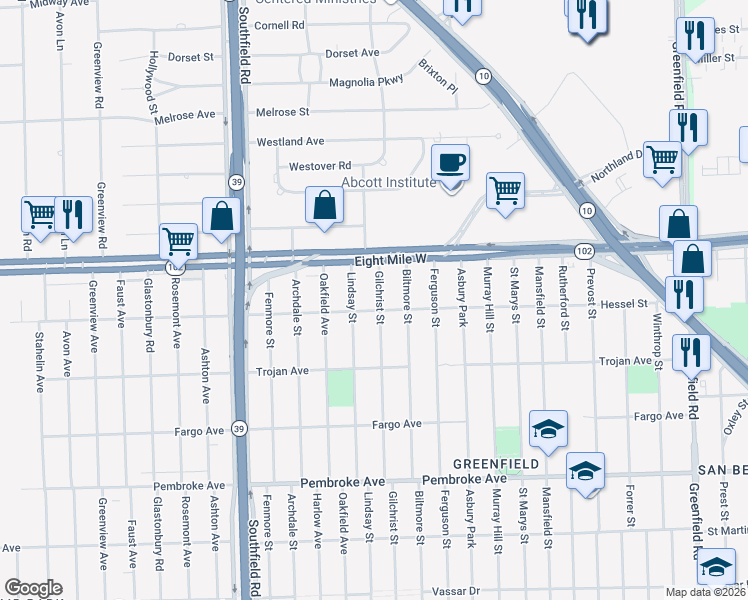 map of restaurants, bars, coffee shops, grocery stores, and more near 20309 Gilchrist Street in Detroit