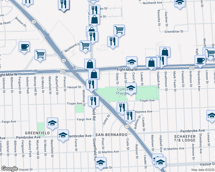 map of restaurants, bars, coffee shops, grocery stores, and more near 20429 Audrey Street in Detroit