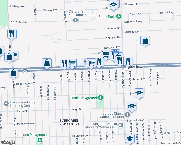 map of restaurants, bars, coffee shops, grocery stores, and more near 20566 Patton Street in Detroit