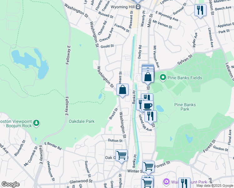 map of restaurants, bars, coffee shops, grocery stores, and more near 102 Washington Street in Melrose