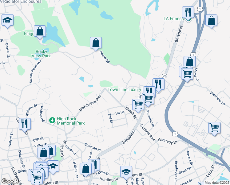 map of restaurants, bars, coffee shops, grocery stores, and more near 127 Elwell Street in Malden