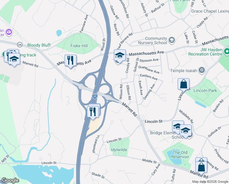 map of restaurants, bars, coffee shops, grocery stores, and more near 8 Wilson Road in Lexington