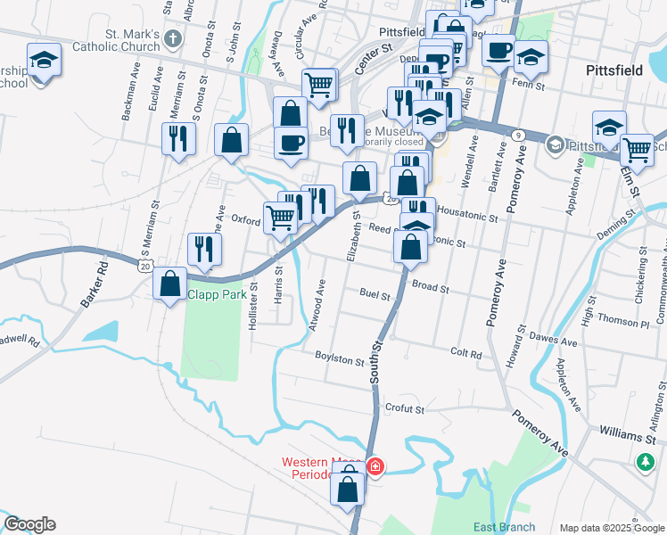 map of restaurants, bars, coffee shops, grocery stores, and more near 70-72 Elizabeth St in Pittsfield