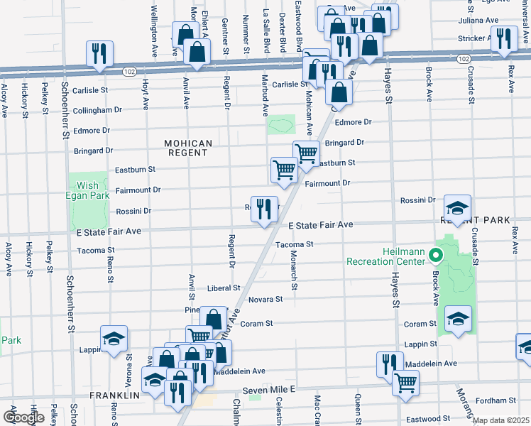 map of restaurants, bars, coffee shops, grocery stores, and more near 14476 East State Fair Avenue in Detroit