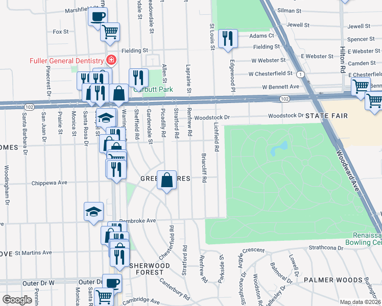 map of restaurants, bars, coffee shops, grocery stores, and more near 20160 Stratford Road in Detroit