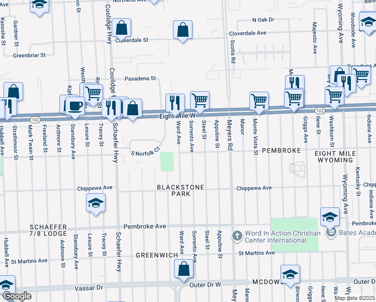 map of restaurants, bars, coffee shops, grocery stores, and more near 20224 Ward Avenue in Detroit