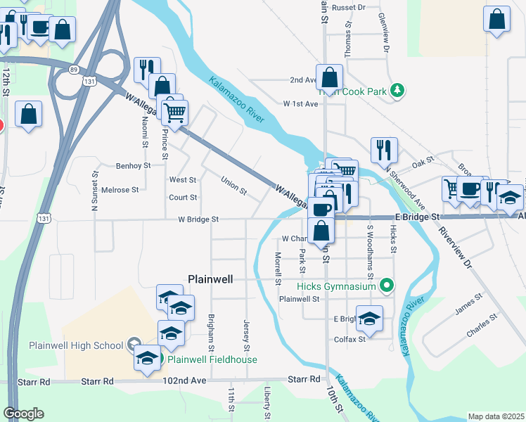 map of restaurants, bars, coffee shops, grocery stores, and more near 321 West Bridge Street in Plainwell