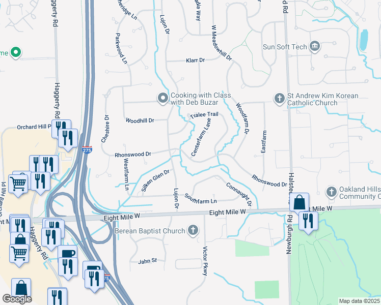 map of restaurants, bars, coffee shops, grocery stores, and more near 38020 Rhonswood Drive in Northville