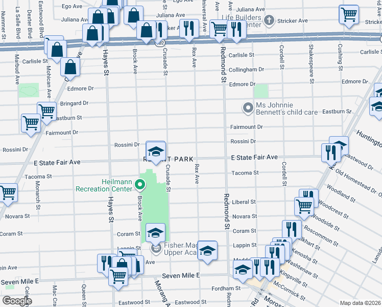 map of restaurants, bars, coffee shops, grocery stores, and more near 15695 East State Fair Avenue in Detroit
