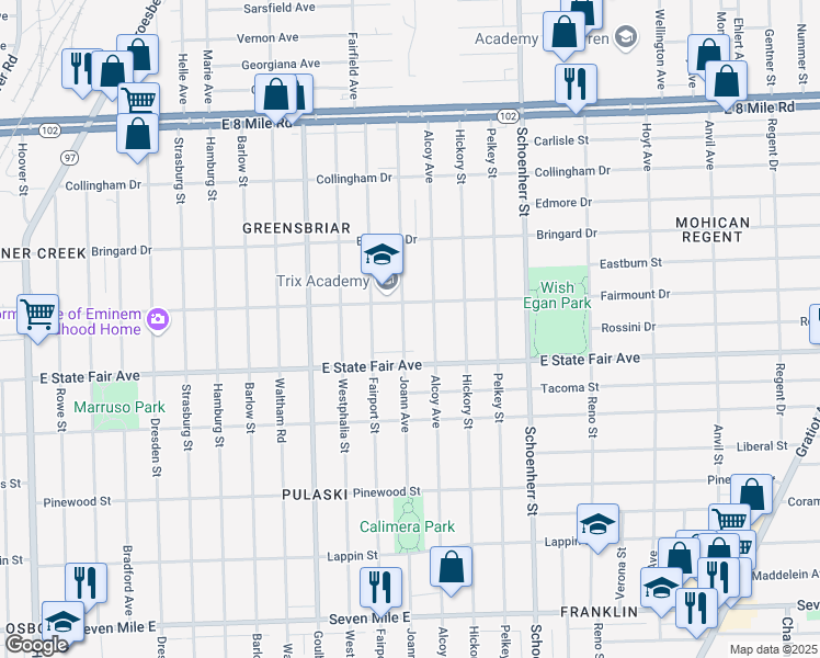 map of restaurants, bars, coffee shops, grocery stores, and more near 19948 Joann Avenue in Detroit