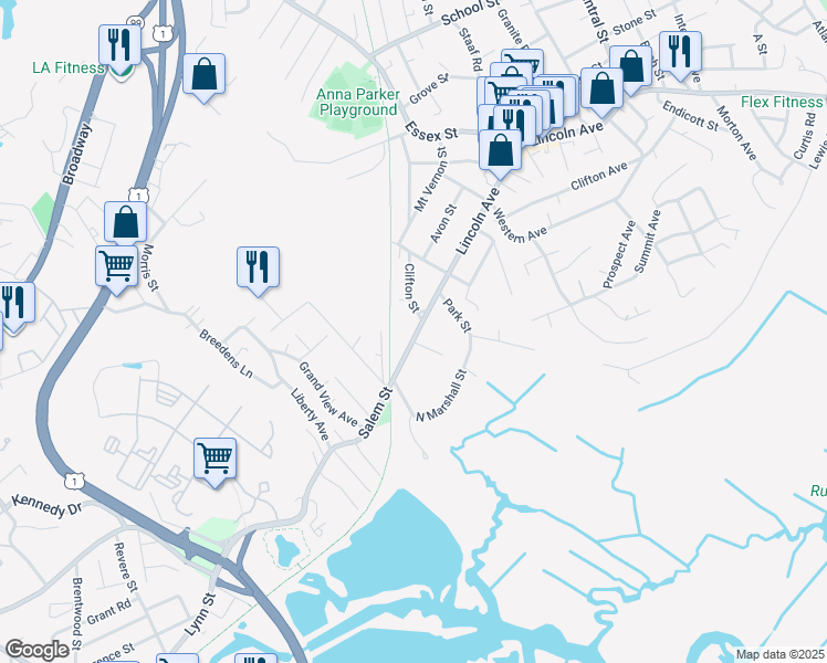 map of restaurants, bars, coffee shops, grocery stores, and more near 292 Salem Street in Revere