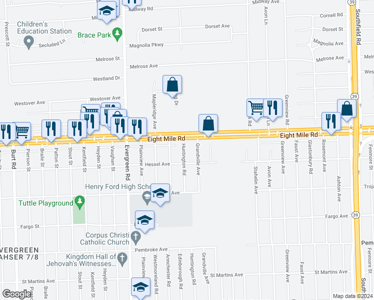map of restaurants, bars, coffee shops, grocery stores, and more near 20554 Huntington Road in Detroit
