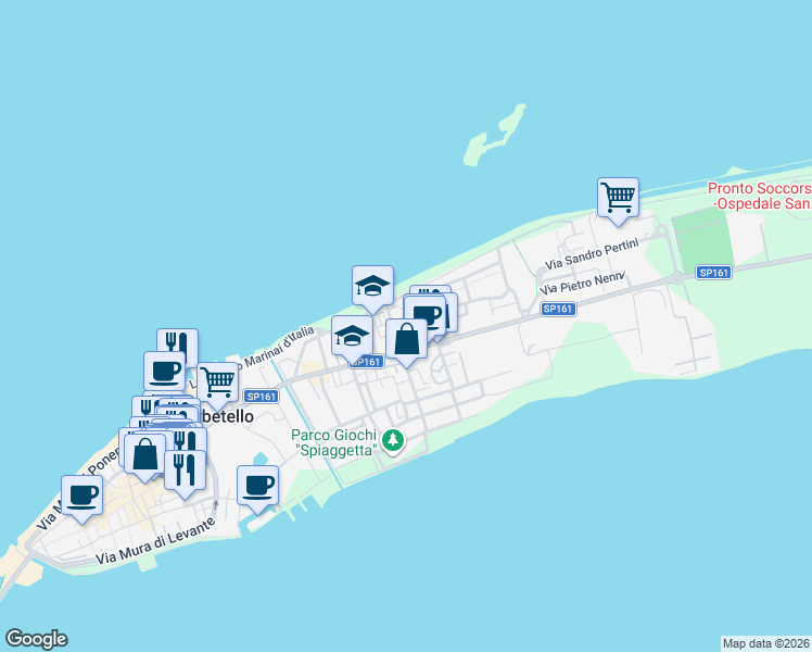 map of restaurants, bars, coffee shops, grocery stores, and more near 35 Via Donatori del Sangue in Orbetello