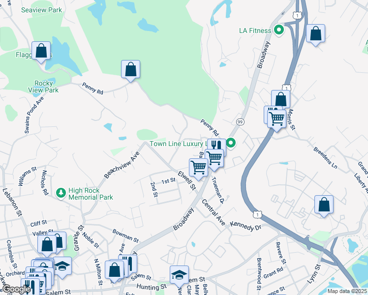 map of restaurants, bars, coffee shops, grocery stores, and more near 44 Loomis Street in Malden