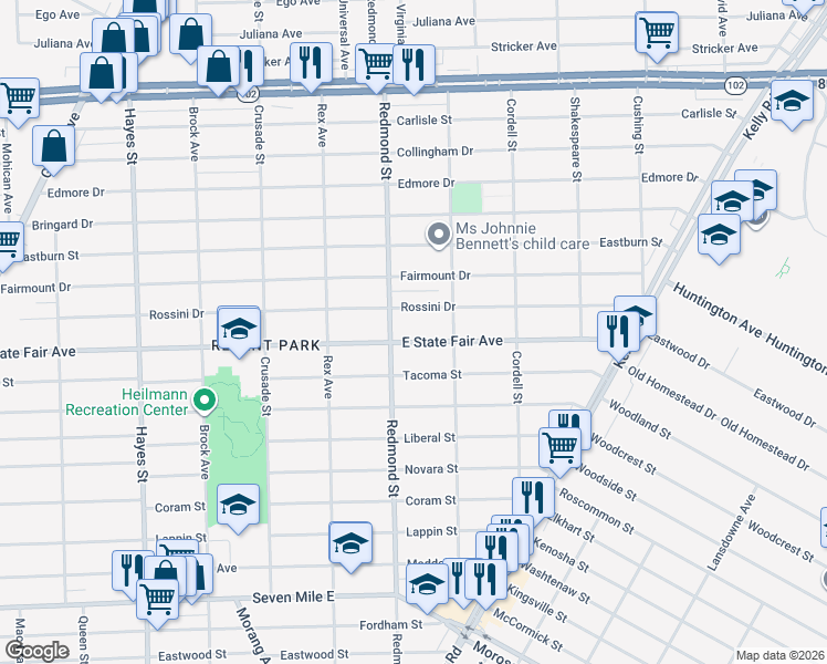 map of restaurants, bars, coffee shops, grocery stores, and more near 16060 East State Fair Avenue in Detroit