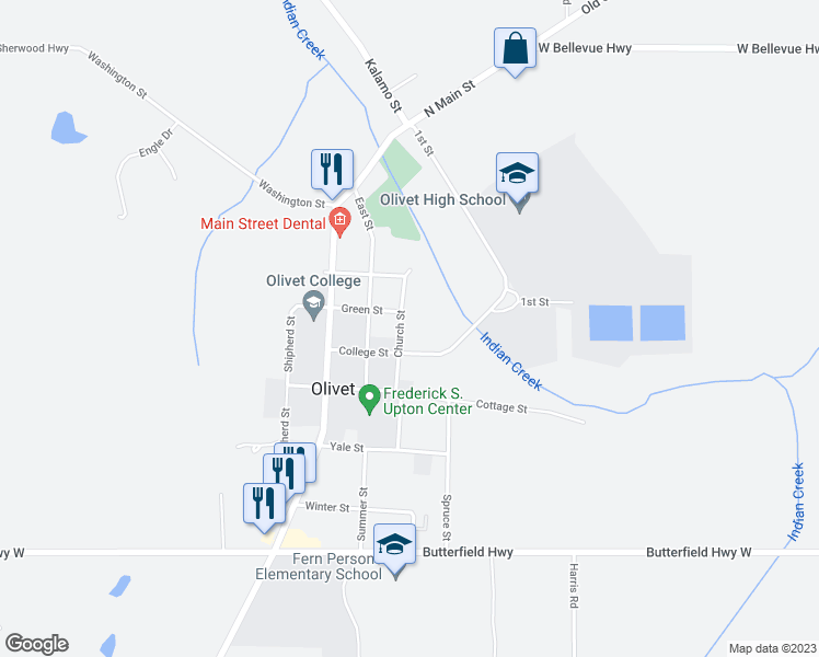 map of restaurants, bars, coffee shops, grocery stores, and more near 8 College Street in Olivet