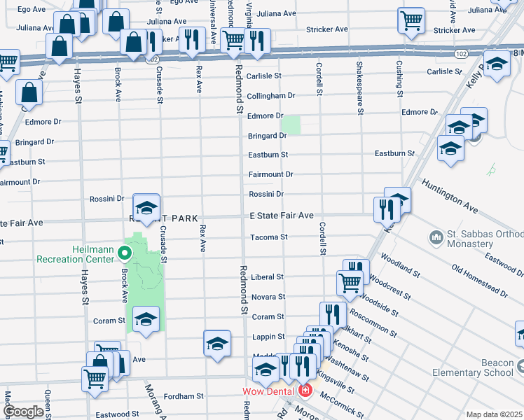 map of restaurants, bars, coffee shops, grocery stores, and more near 16060 East State Fair Avenue in Detroit