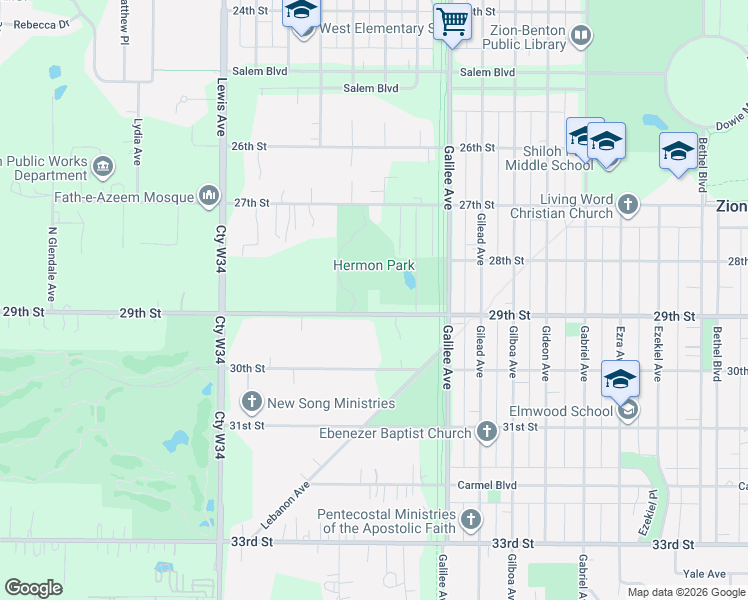 map of restaurants, bars, coffee shops, grocery stores, and more near 2515 29th Street in Zion