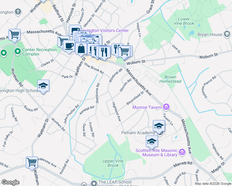 map of restaurants, bars, coffee shops, grocery stores, and more near 28 Slocum Road in Lexington