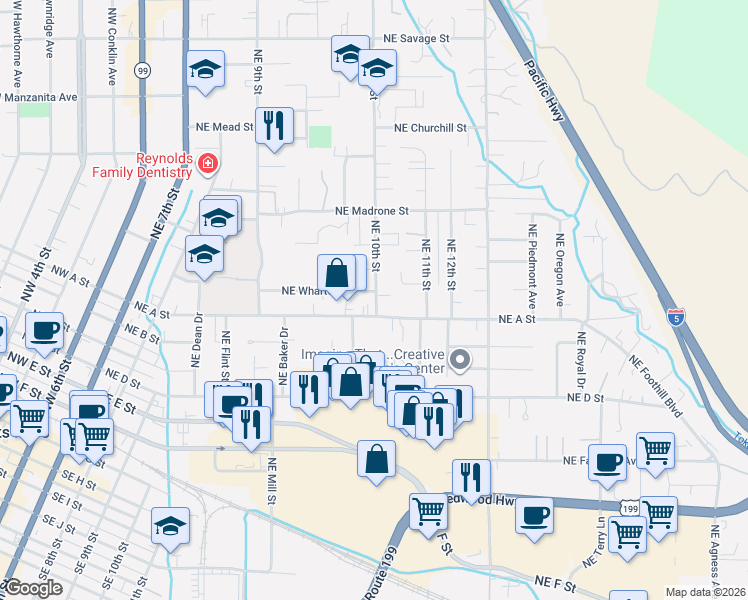map of restaurants, bars, coffee shops, grocery stores, and more near 1001 Northeast A Street in Grants Pass