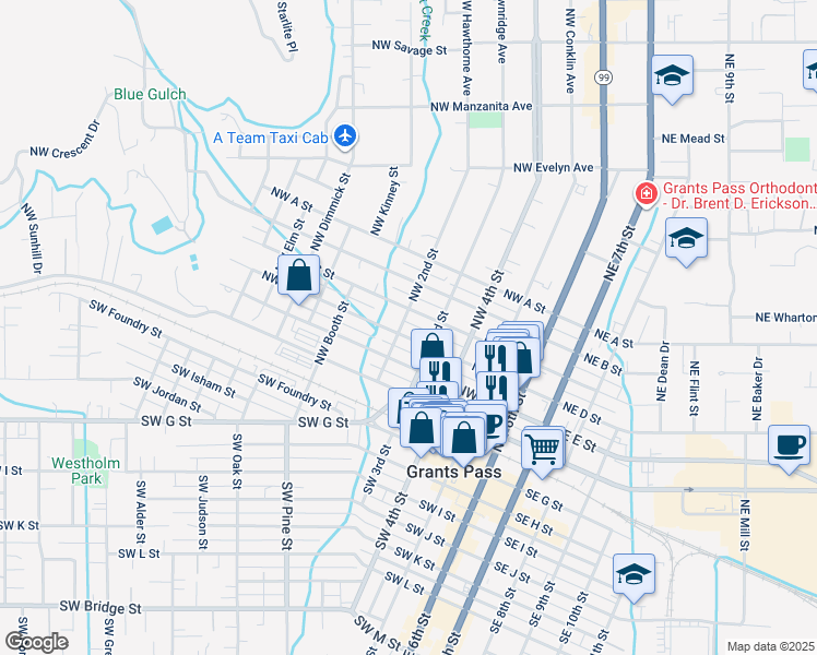 map of restaurants, bars, coffee shops, grocery stores, and more near 409 Northwest D Street in Grants Pass