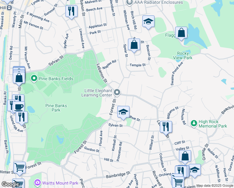 map of restaurants, bars, coffee shops, grocery stores, and more near 31 Forest Street in Melrose