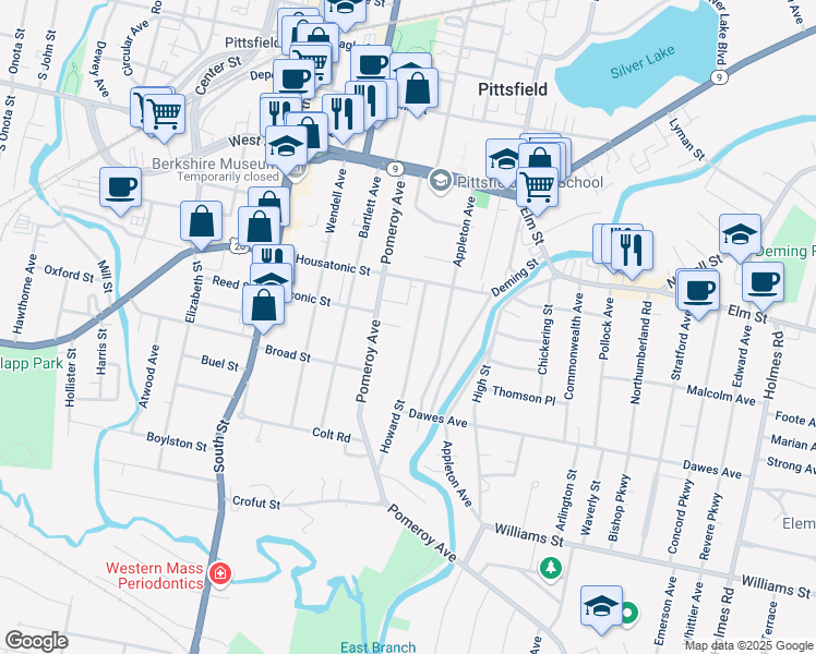 map of restaurants, bars, coffee shops, grocery stores, and more near 50 Howard Street in Pittsfield