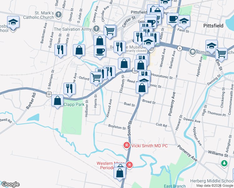 map of restaurants, bars, coffee shops, grocery stores, and more near 70-72 Elizabeth St in Pittsfield