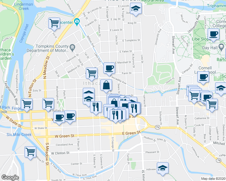 map of restaurants, bars, coffee shops, grocery stores, and more near 315 North Cayuga Street in Ithaca