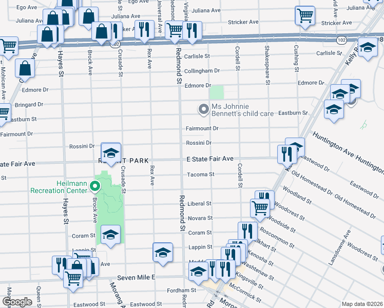 map of restaurants, bars, coffee shops, grocery stores, and more near 16060 East State Fair Avenue in Detroit