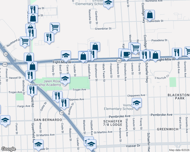 map of restaurants, bars, coffee shops, grocery stores, and more near 20221 Strathmoor Street in Detroit