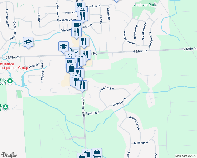 map of restaurants, bars, coffee shops, grocery stores, and more near 21931 Lyon Meadow Court in South Lyon