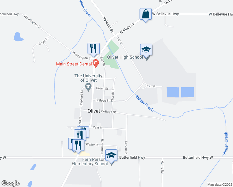 map of restaurants, bars, coffee shops, grocery stores, and more near 350 Church Street in Olivet