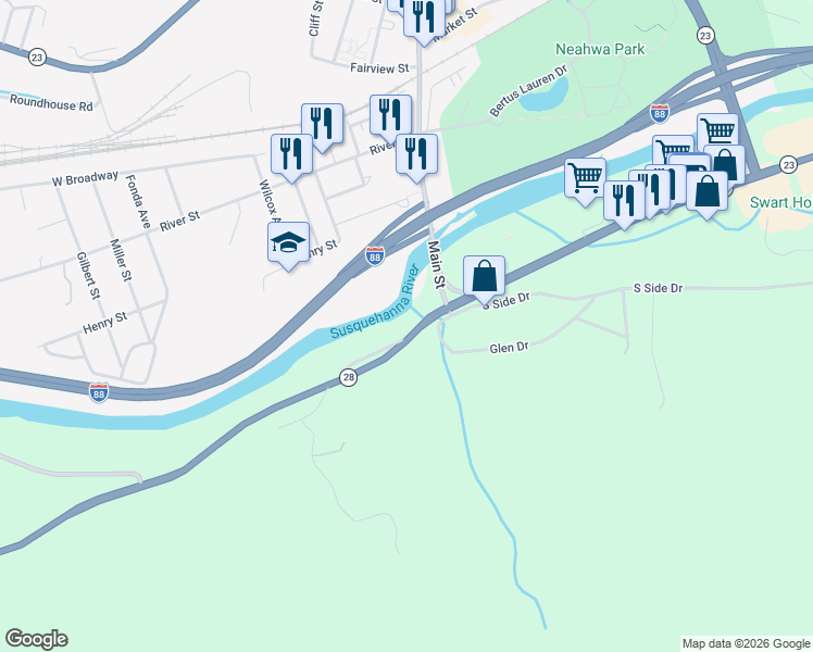 map of restaurants, bars, coffee shops, grocery stores, and more near 565-589 Highway 28 in Oneonta