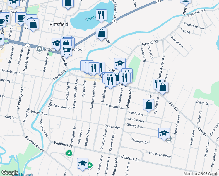 map of restaurants, bars, coffee shops, grocery stores, and more near 31 Livingston Avenue in Pittsfield