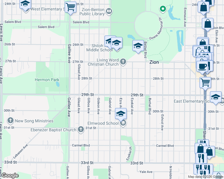 map of restaurants, bars, coffee shops, grocery stores, and more near 2900 Ezra Avenue in Zion