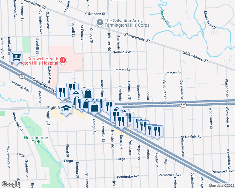 map of restaurants, bars, coffee shops, grocery stores, and more near 20733 Seminole in Southfield
