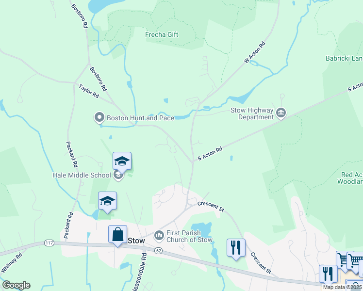 map of restaurants, bars, coffee shops, grocery stores, and more near 17 Boxboro Road in Stow
