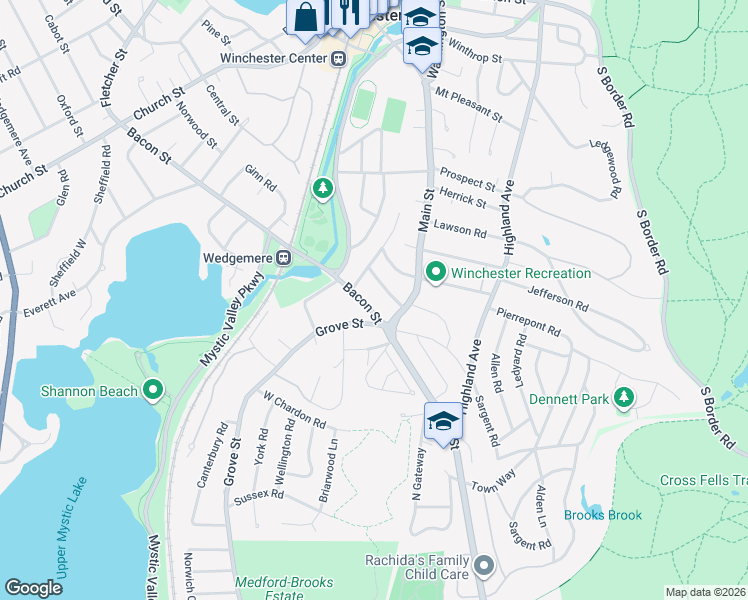 map of restaurants, bars, coffee shops, grocery stores, and more near 5 Bacon Street in Winchester