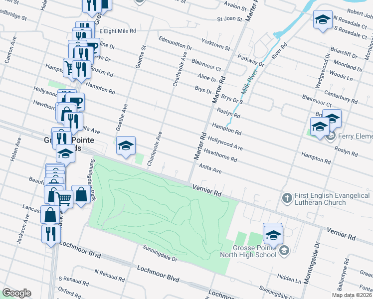 map of restaurants, bars, coffee shops, grocery stores, and more near 1327 Hollywood Avenue in Grosse Pointe Woods
