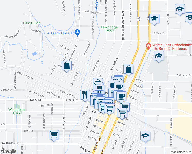 map of restaurants, bars, coffee shops, grocery stores, and more near 422 Northwest C Street in Grants Pass