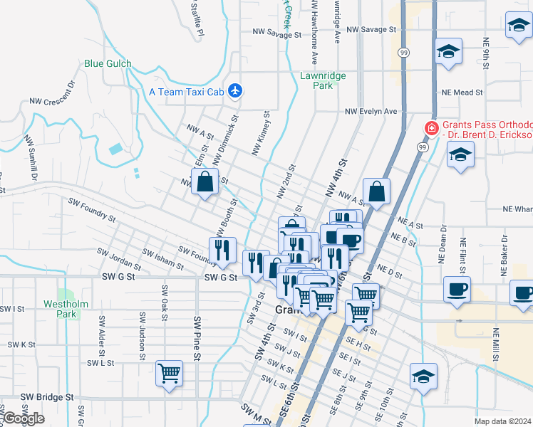 map of restaurants, bars, coffee shops, grocery stores, and more near 525 Northwest C Street in Grants Pass