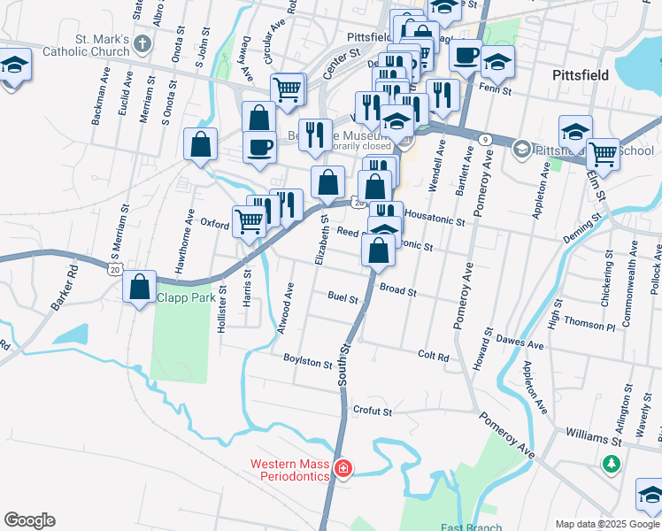 map of restaurants, bars, coffee shops, grocery stores, and more near 34 Clinton Avenue in Pittsfield