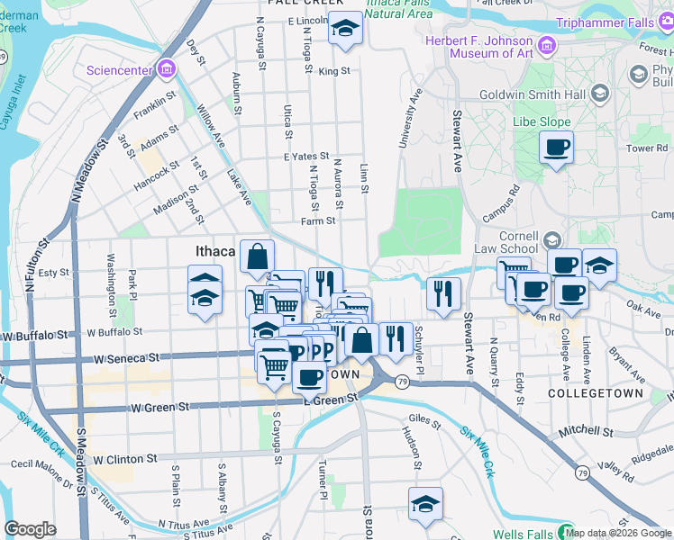 map of restaurants, bars, coffee shops, grocery stores, and more near 429 North Aurora Street in Ithaca