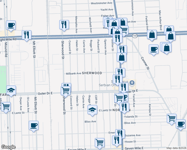 map of restaurants, bars, coffee shops, grocery stores, and more near 20129 Rogge Street in Detroit