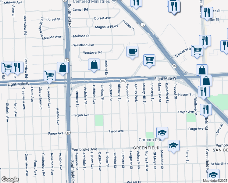 map of restaurants, bars, coffee shops, grocery stores, and more near 17221 Eight Mile Road in Detroit