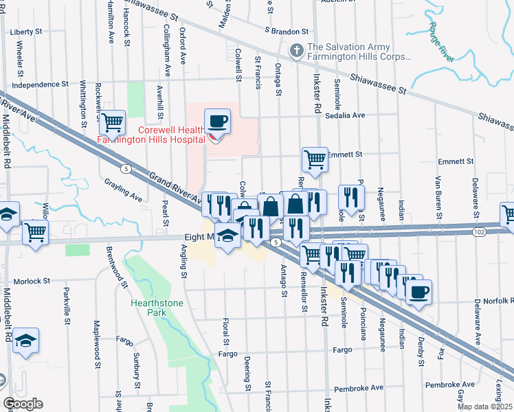 map of restaurants, bars, coffee shops, grocery stores, and more near 20916 Saint Francis in Farmington Hills