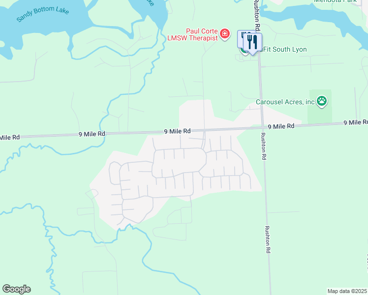 map of restaurants, bars, coffee shops, grocery stores, and more near 11024 Woodland Ridge Court in South Lyon