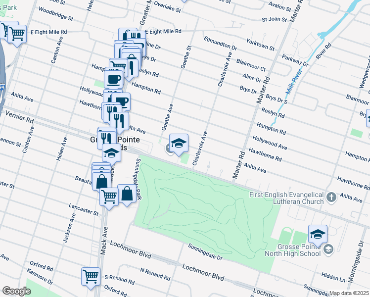 map of restaurants, bars, coffee shops, grocery stores, and more near 1555 Hawthorne Road in Grosse Pointe Woods