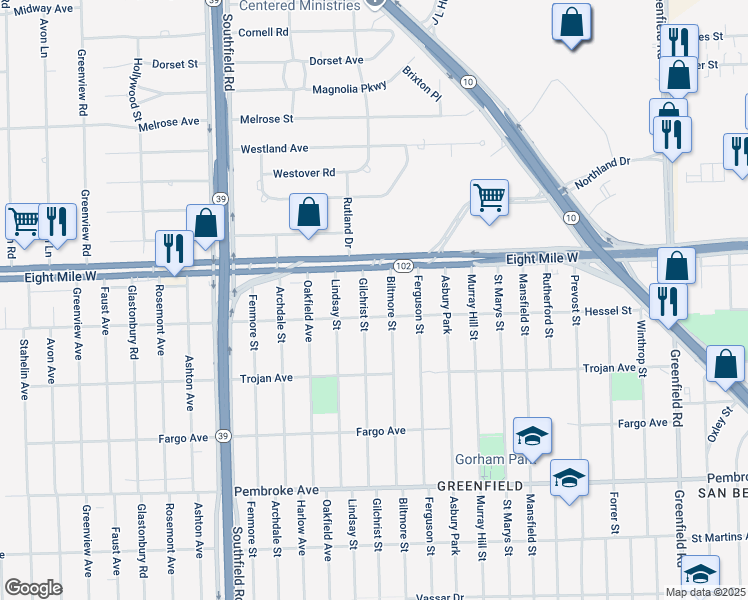 map of restaurants, bars, coffee shops, grocery stores, and more near 17221 Eight Mile Road in Detroit